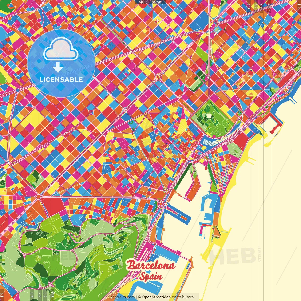 Barcelona, Spain Crazy Colorful Street Map Poster Template