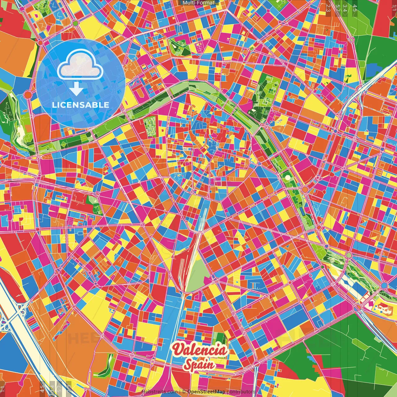 Valencia, Spain Crazy Colorful Street Map Poster Template