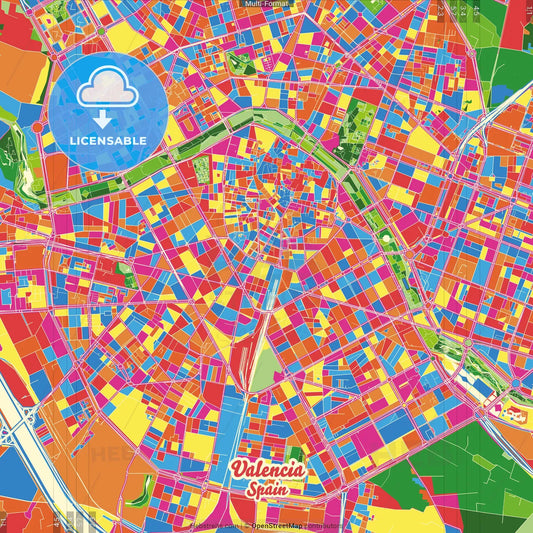 Valencia, Spain Crazy Colorful Street Map Poster Template