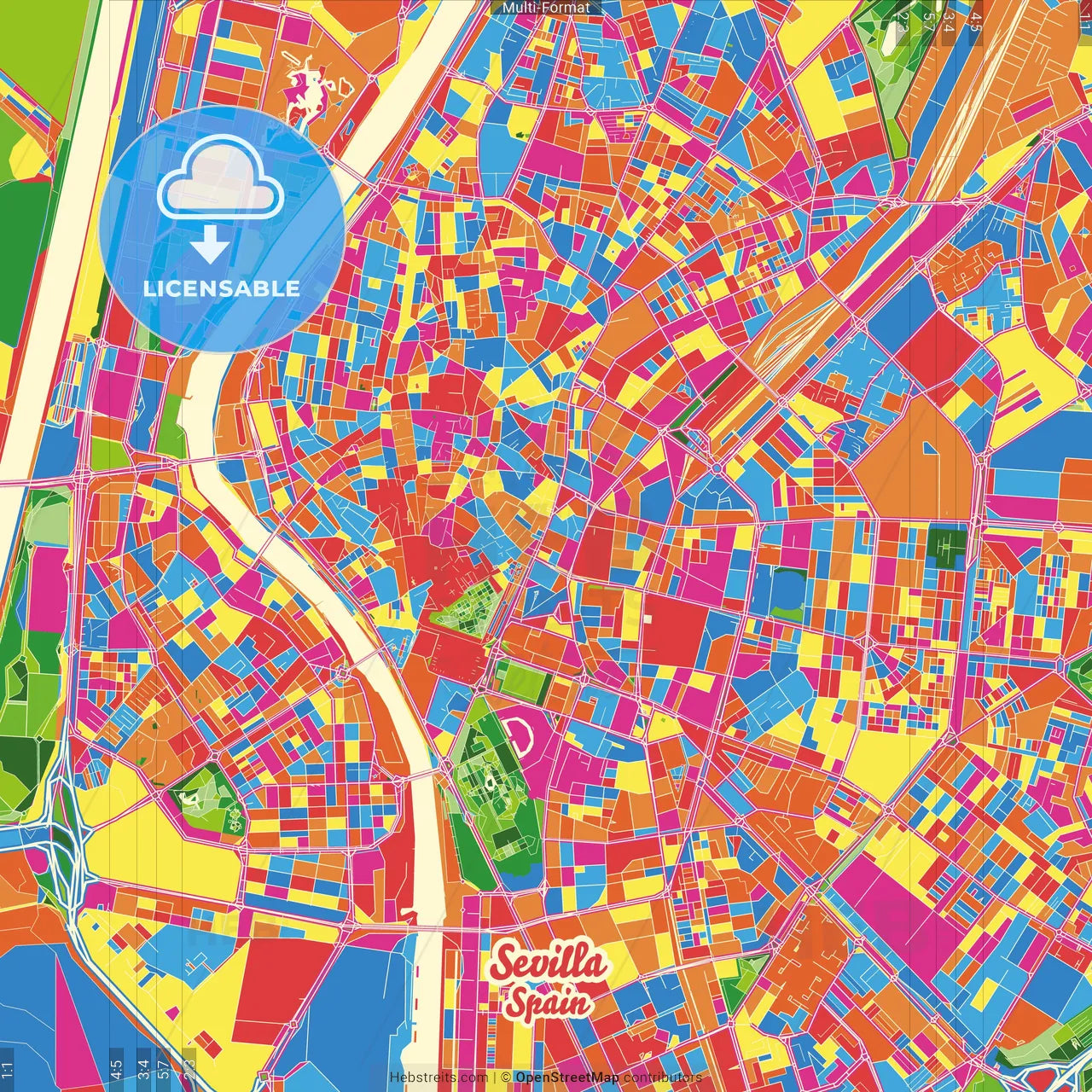 Sevilla, Spain Crazy Colorful Street Map Poster Template