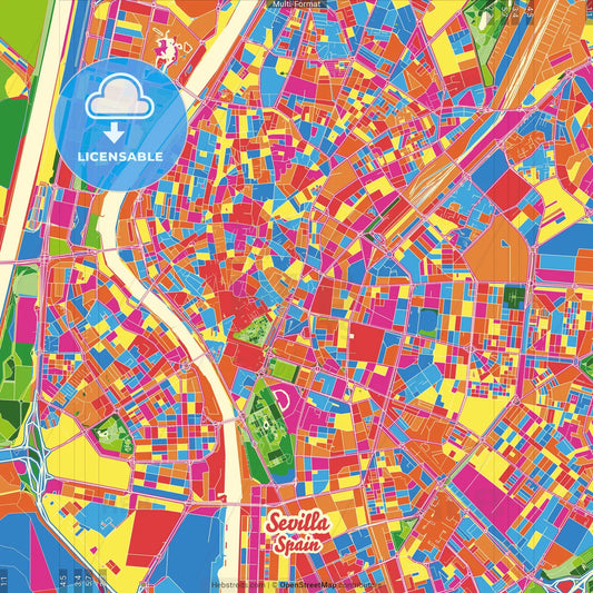 Sevilla, Spain Crazy Colorful Street Map Poster Template