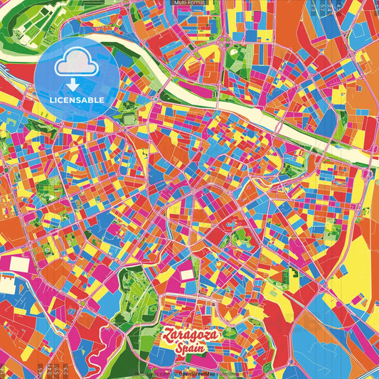 Zaragoza, Spain Crazy Colorful Street Map Poster Template