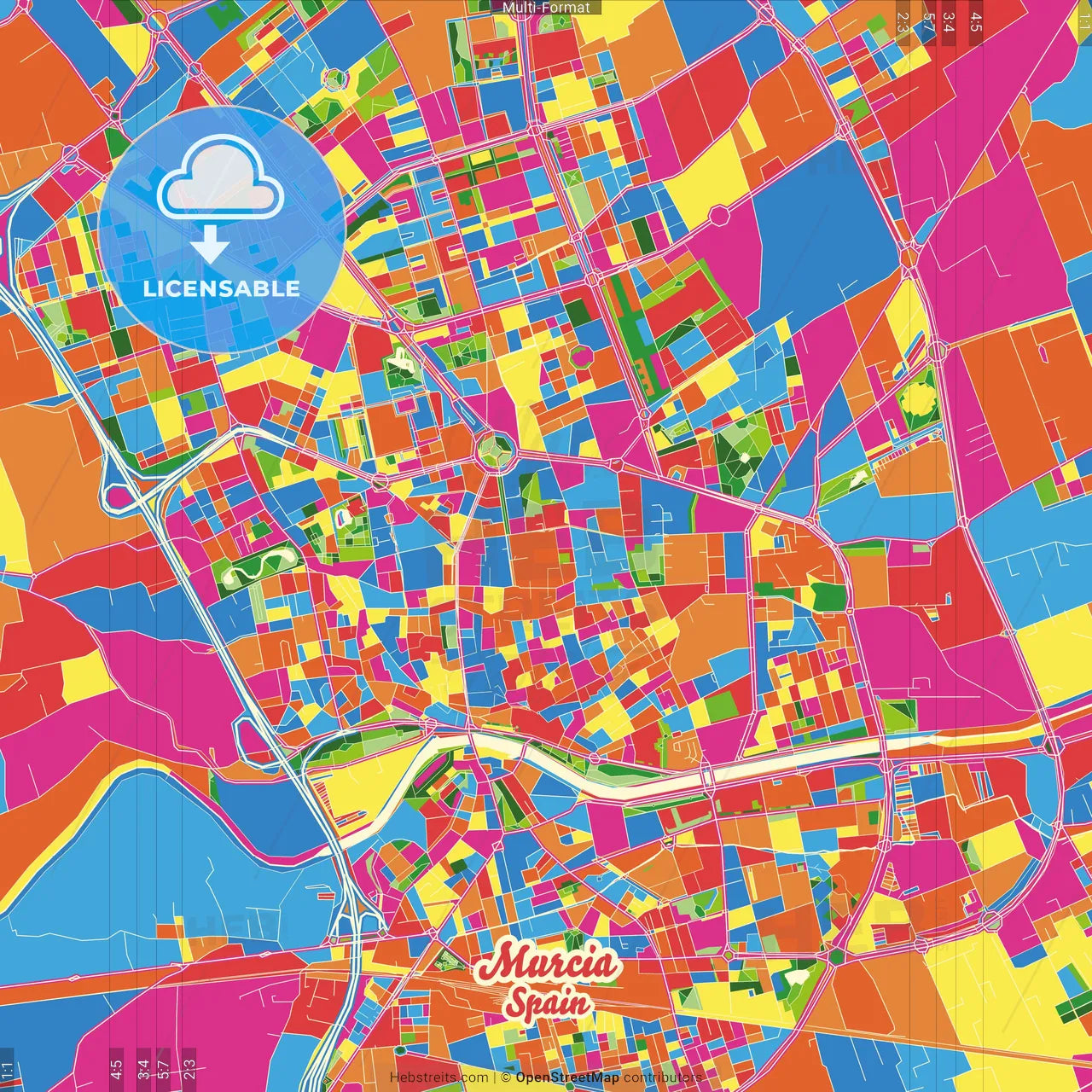 Murcia, Spain Crazy Colorful Street Map Poster Template