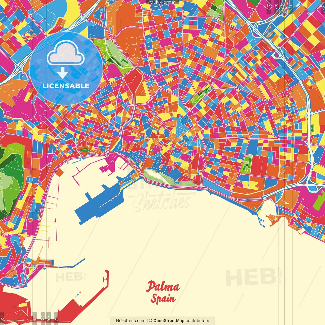Palma, Balearic Islands, Spain Crazy Colorful Street Map Poster Template