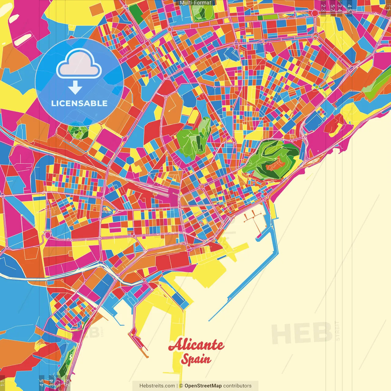 Alicante, Spain Crazy Colorful Street Map Poster Template