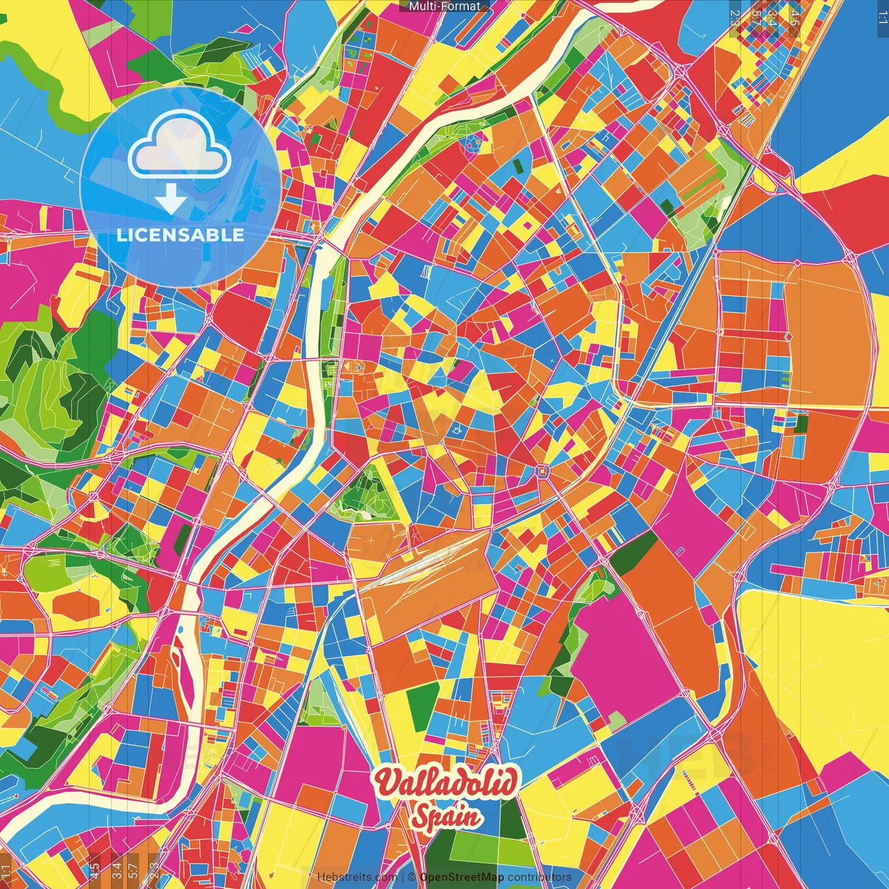 Valladolid, Spain Crazy Colorful Street Map Poster Template
