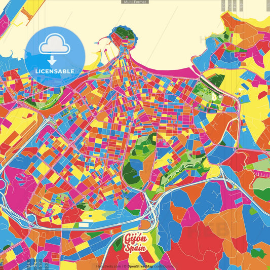 Gijón, Asturias, Spain Crazy Colorful Street Map Poster Template