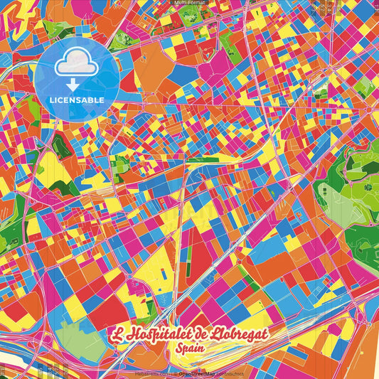 L Hospitalet de Llobregat, Barcelona, Spain Crazy Colorful Street Map Poster Template