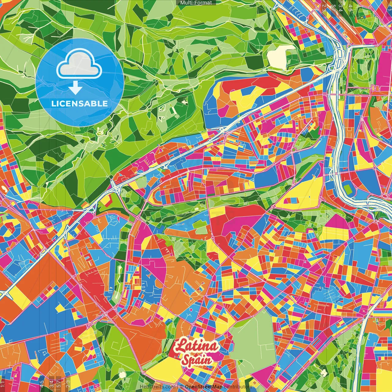 Latina, Madrid, Spain Crazy Colorful Street Map Poster Template