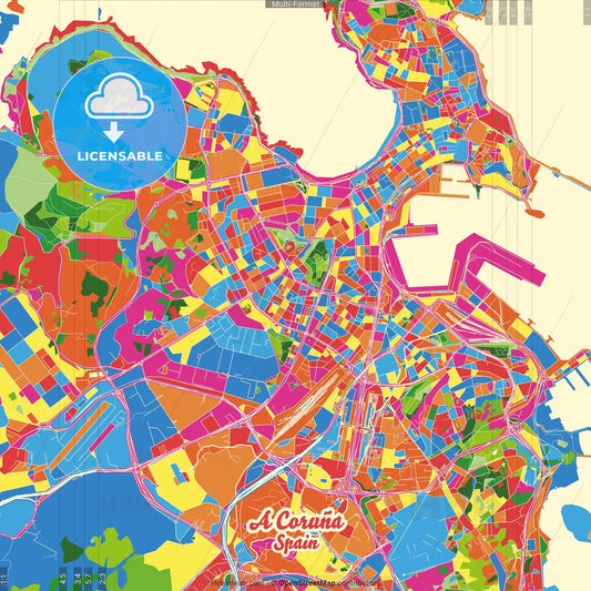 A Coruña, Spain Crazy Colorful Street Map Poster Template
