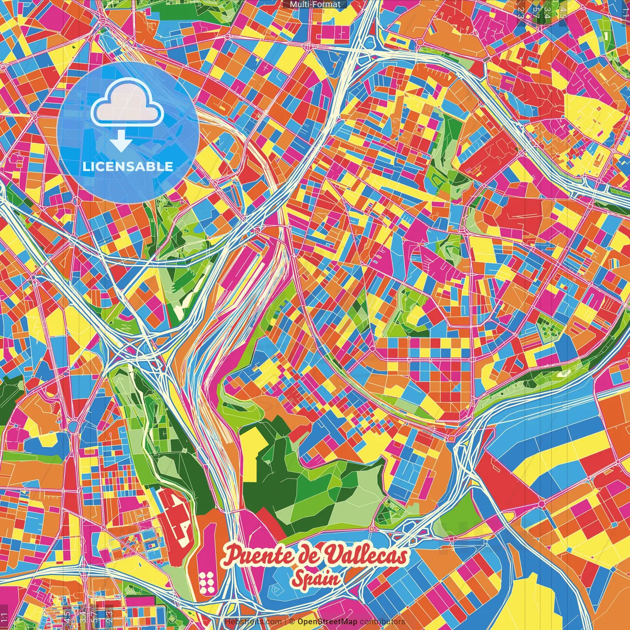 Puente de Vallecas, Madrid, Spain Crazy Colorful Street Map Poster Template