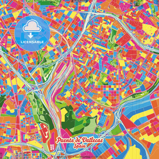 Puente de Vallecas, Madrid, Spain Crazy Colorful Street Map Poster Template