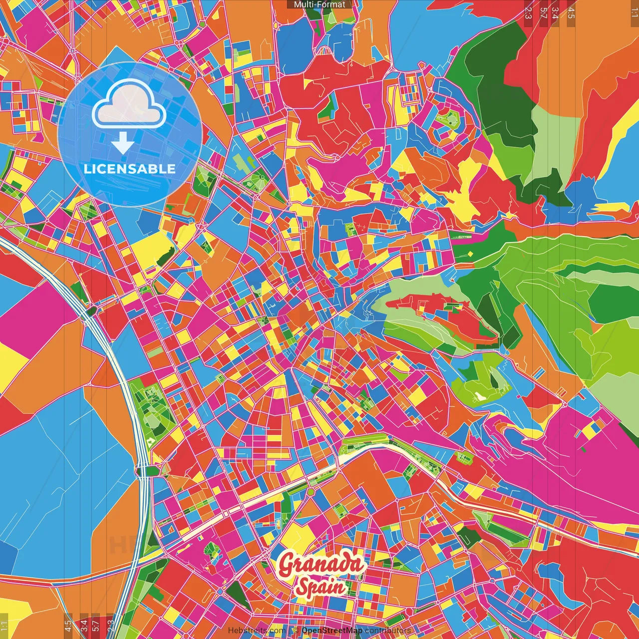 Granada, Spain Crazy Colorful Street Map Poster Template