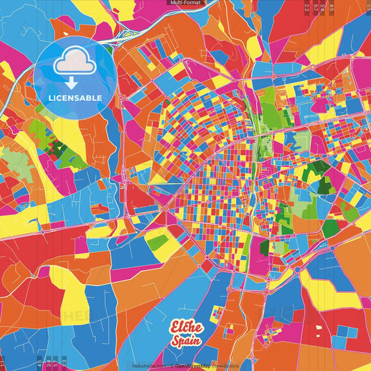 Elche, Alicante, Spain Crazy Colorful Street Map Poster Template