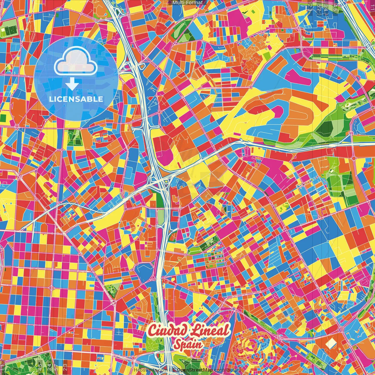 Ciudad Lineal, Madrid, Spain Crazy Colorful Street Map Poster Template