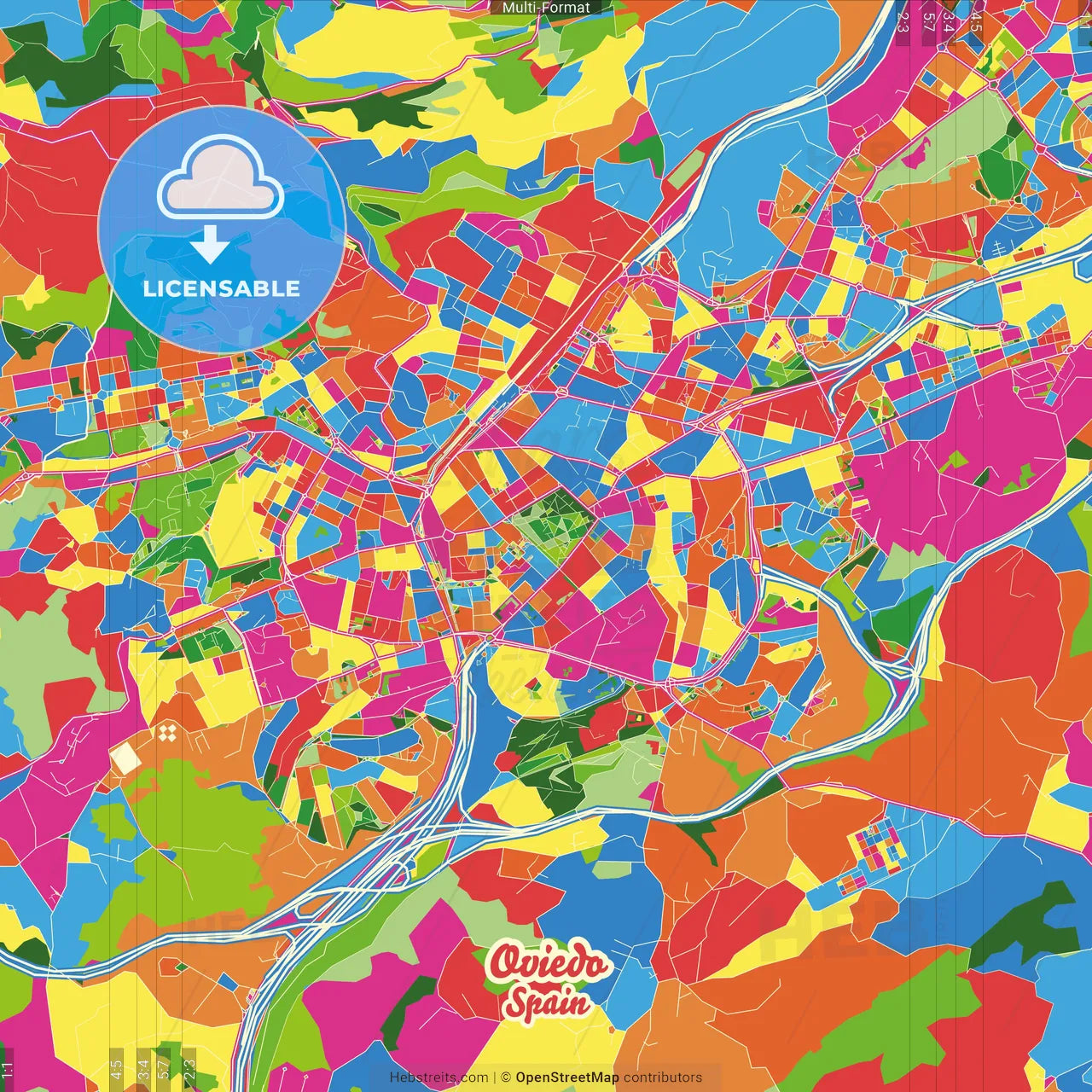 Oviedo, Asturias, Spain Crazy Colorful Street Map Poster Template