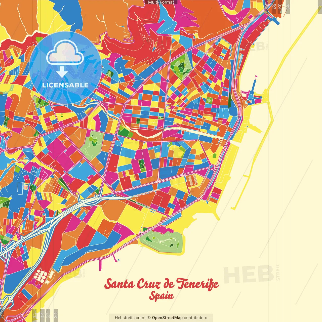 Santa Cruz de Tenerife, Spain Crazy Colorful Street Map Poster Template