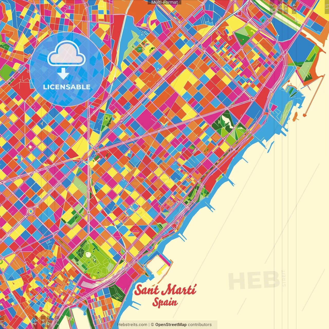 Sant Martí, Barcelona, Spain Crazy Colorful Street Map Poster Template