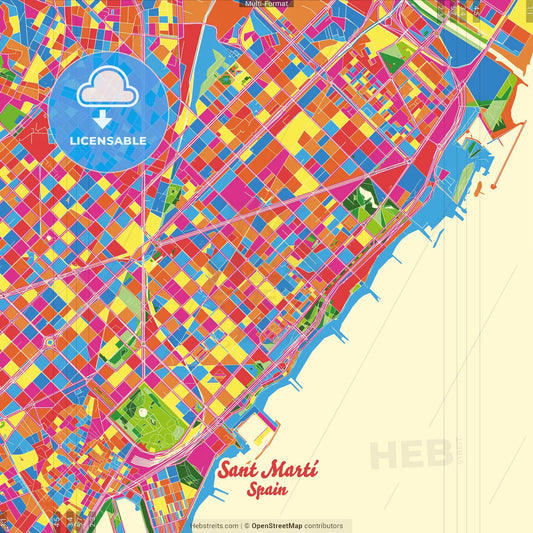Sant Martí, Barcelona, Spain Crazy Colorful Street Map Poster Template