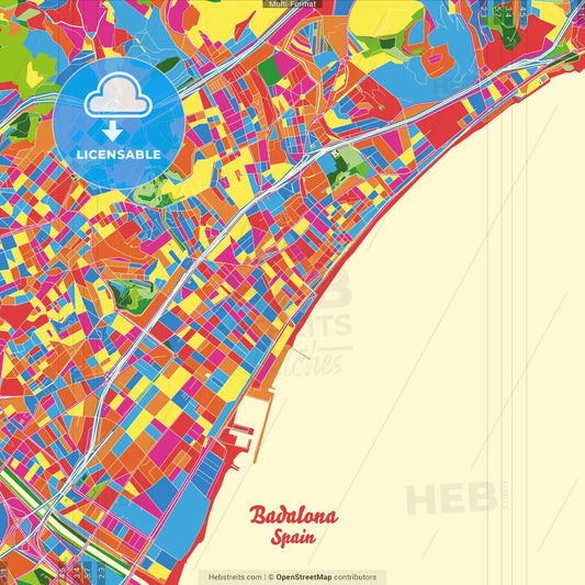 Badalona, Barcelona, Spain Crazy Colorful Street Map Poster Template