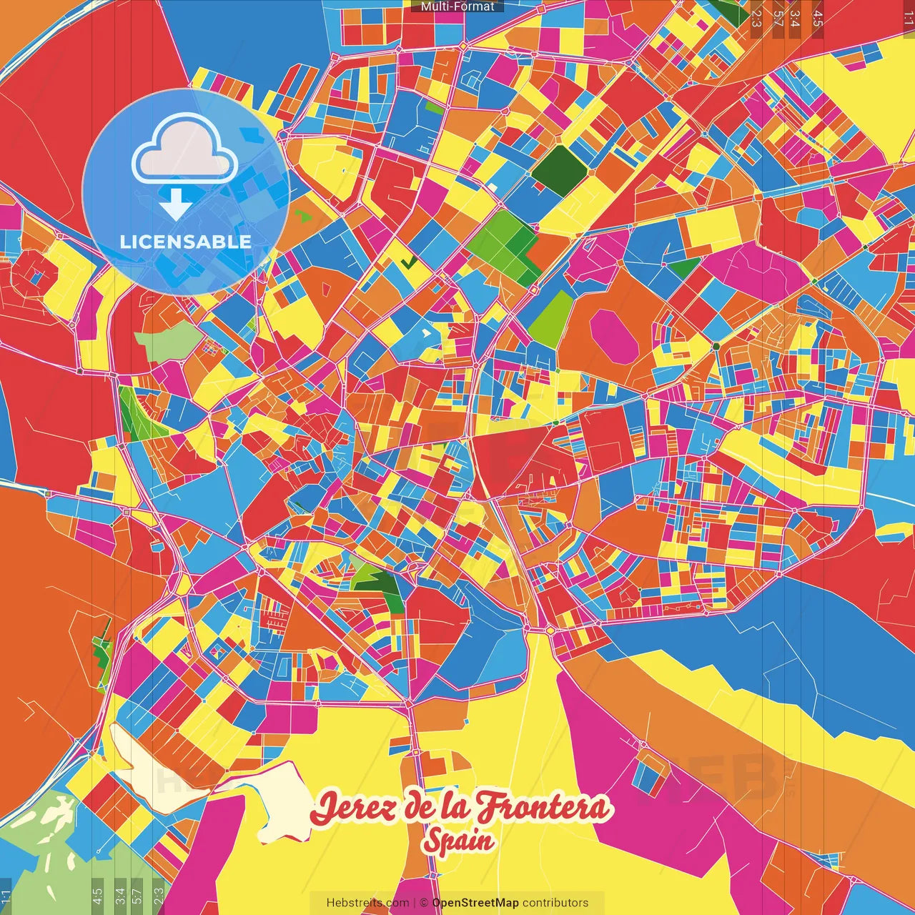 Jerez de la Frontera, Cádiz, Spain Crazy Colorful Street Map Poster Template