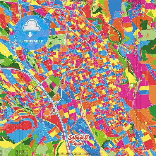 Sabadell, Barcelona, Spain Crazy Colorful Street Map Poster Template