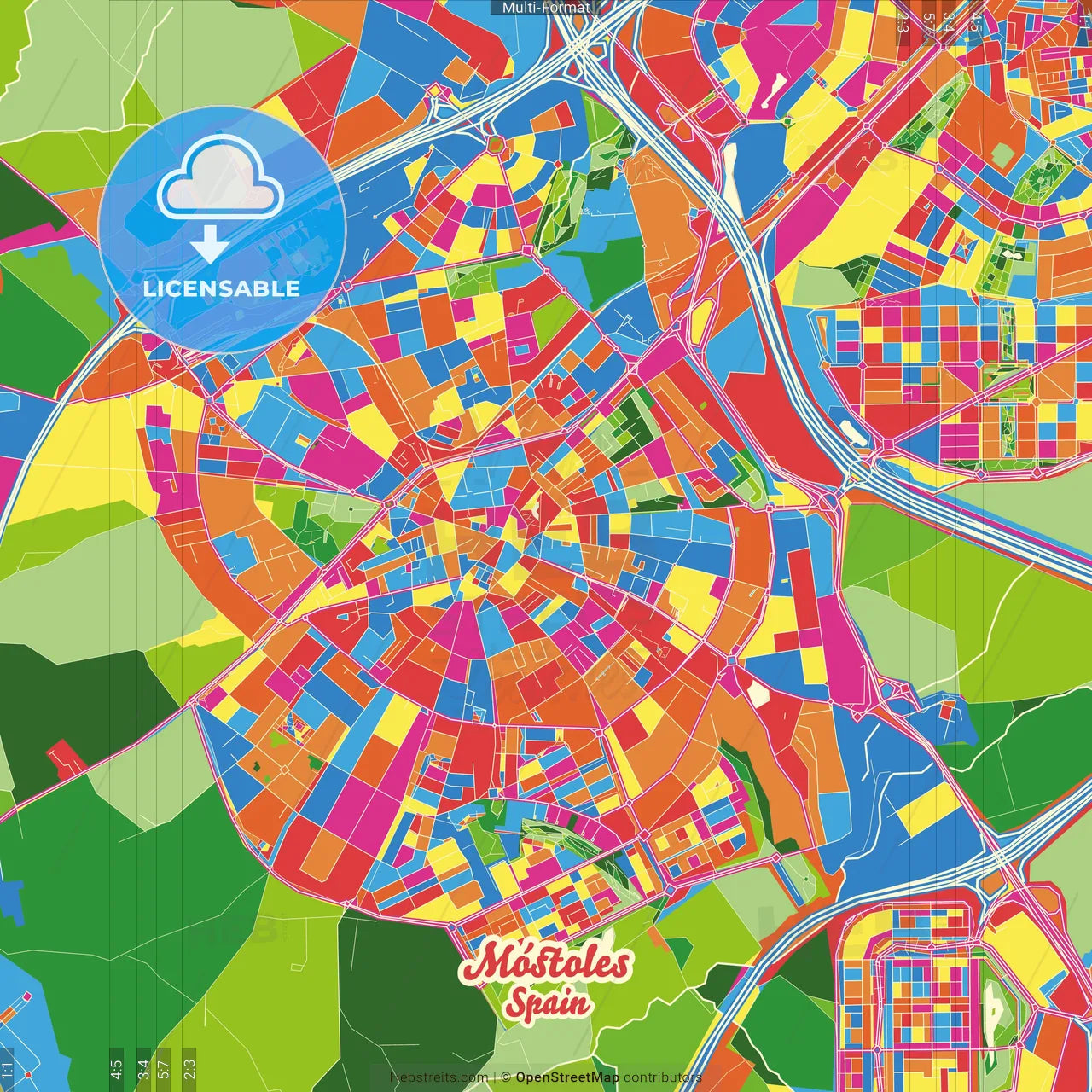Móstoles, Madrid, Spain Crazy Colorful Street Map Poster Template