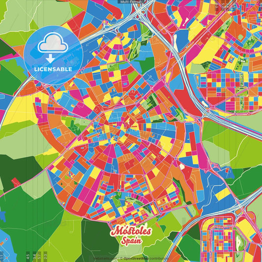 Móstoles, Madrid, Spain Crazy Colorful Street Map Poster Template
