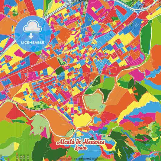 Alcalá de Henares, Madrid, Spain Crazy Colorful Street Map Poster Template
