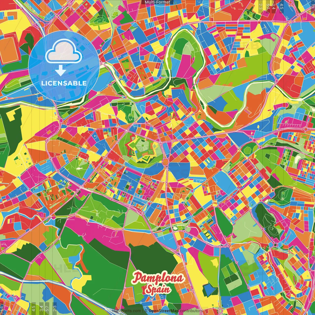 Pamplona, Navarre, Spain Crazy Colorful Street Map Poster Template