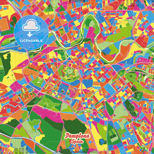 Pamplona, Navarre, Spain Crazy Colorful Street Map Poster Template