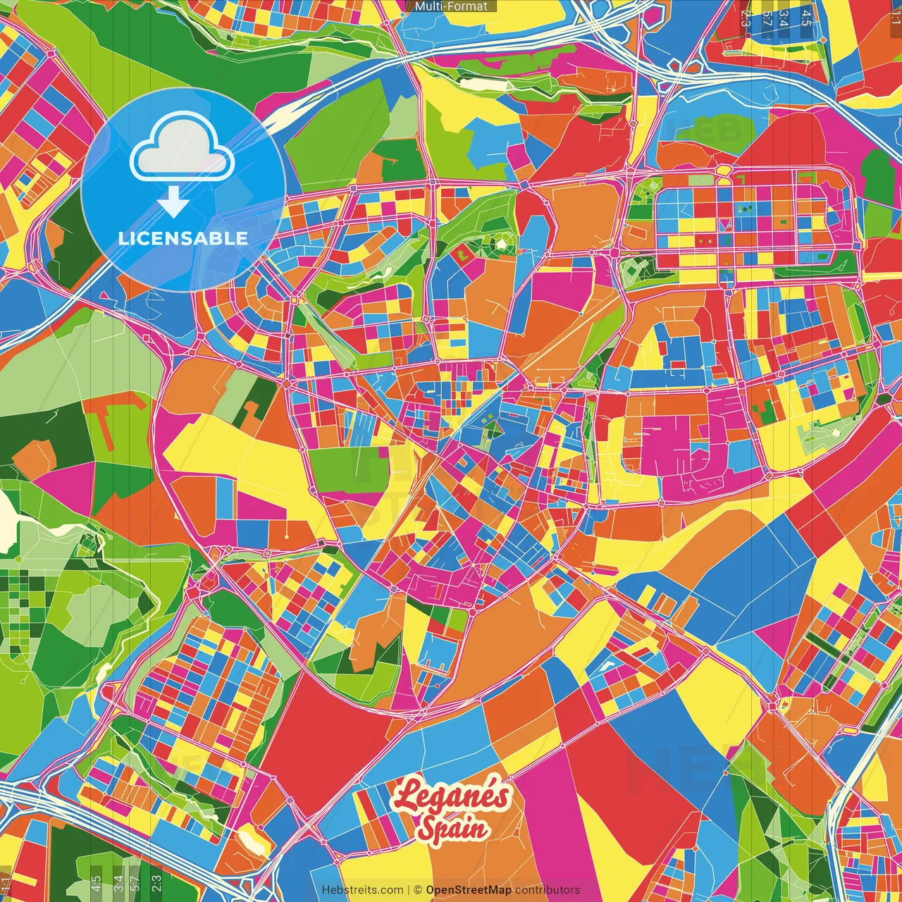 Leganés, Madrid, Spain Crazy Colorful Street Map Poster Template