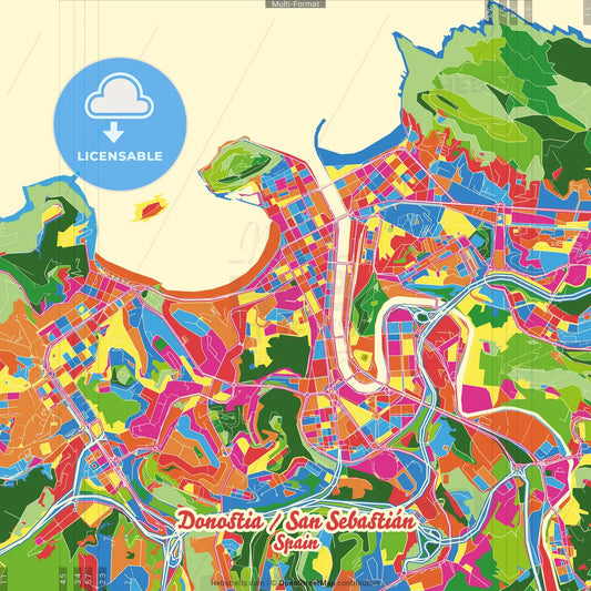 Donostia / San Sebastián, Gipuzkoa, Spain Crazy Colorful Street Map Poster Template