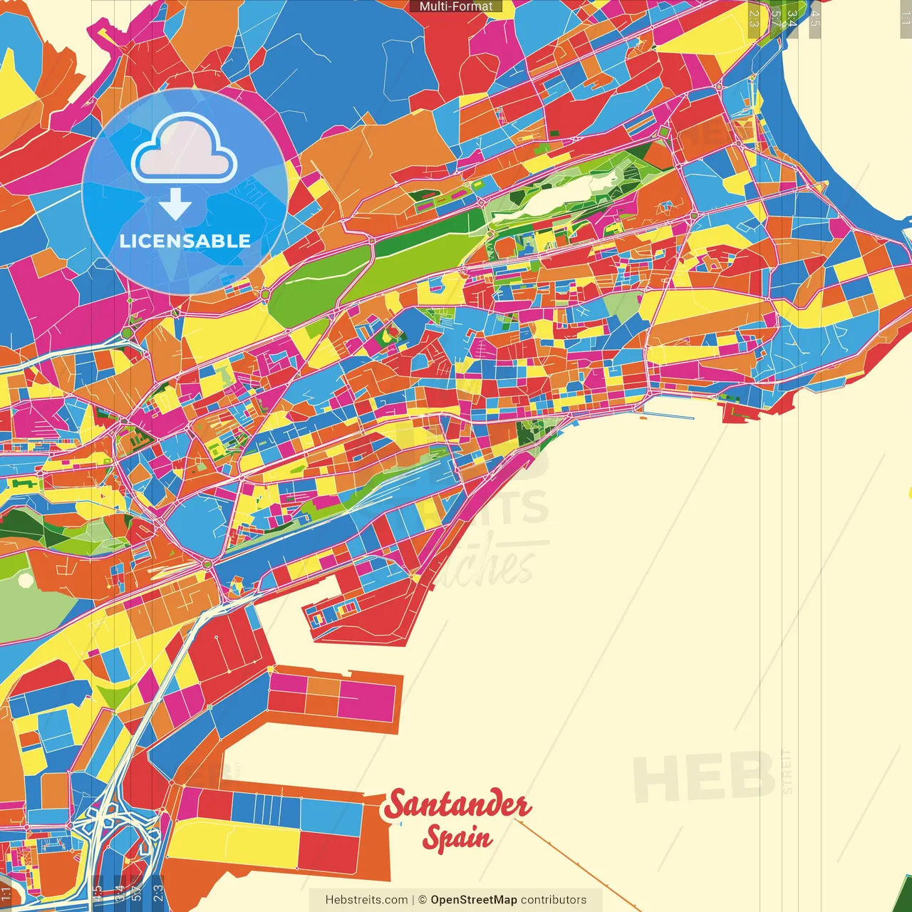 Santander, Cantabria, Spain Crazy Colorful Street Map Poster Template