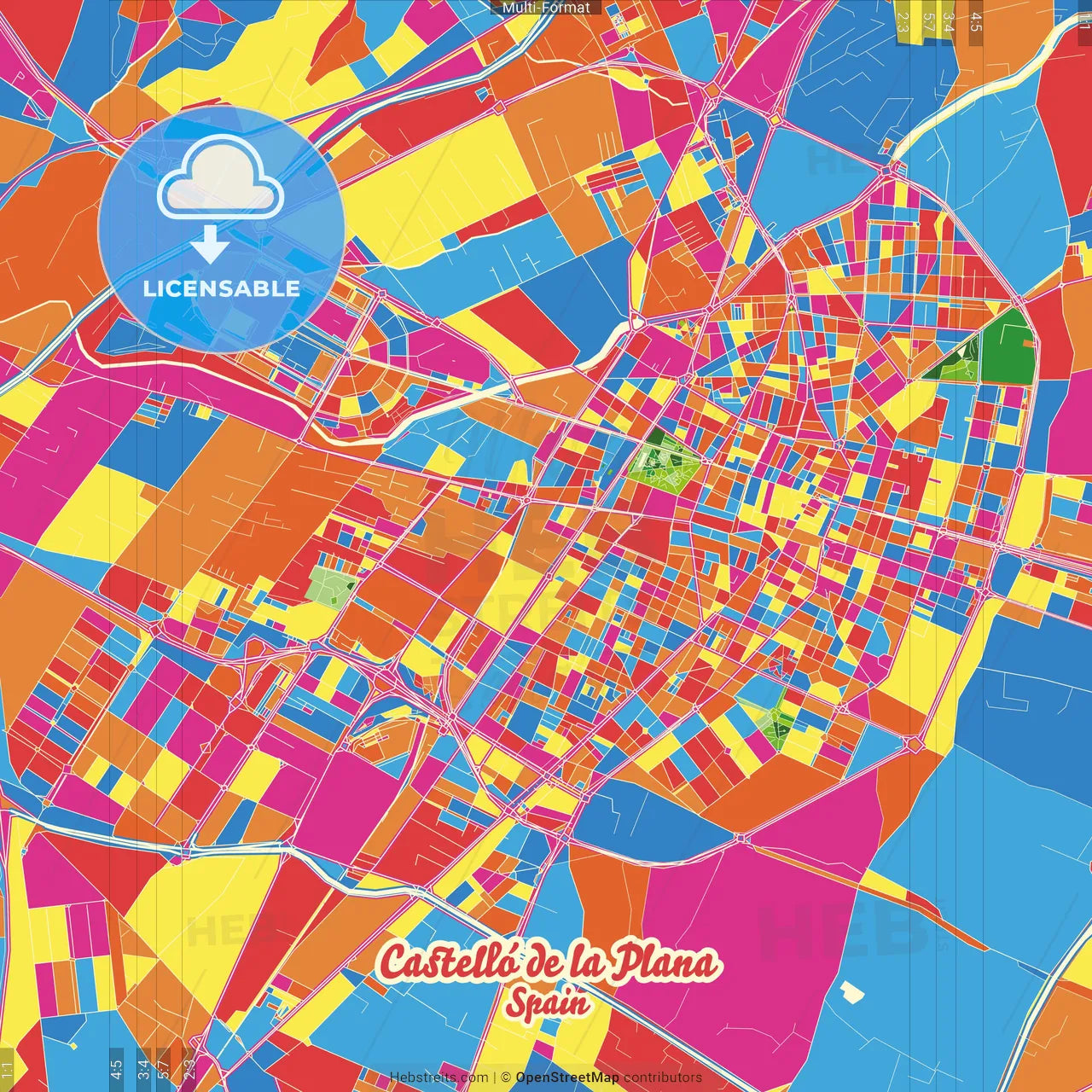 Castelló de la Plana, Castellón, Spain Crazy Colorful Street Map Poster Template
