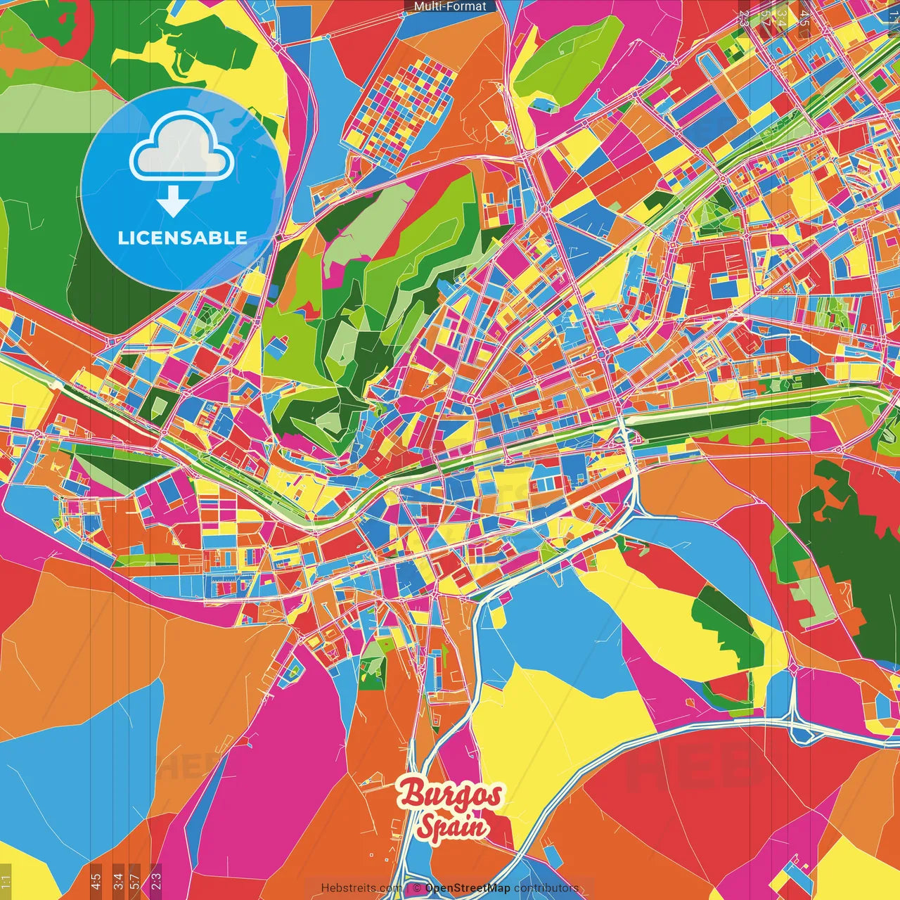 Burgos, Spain Crazy Colorful Street Map Poster Template