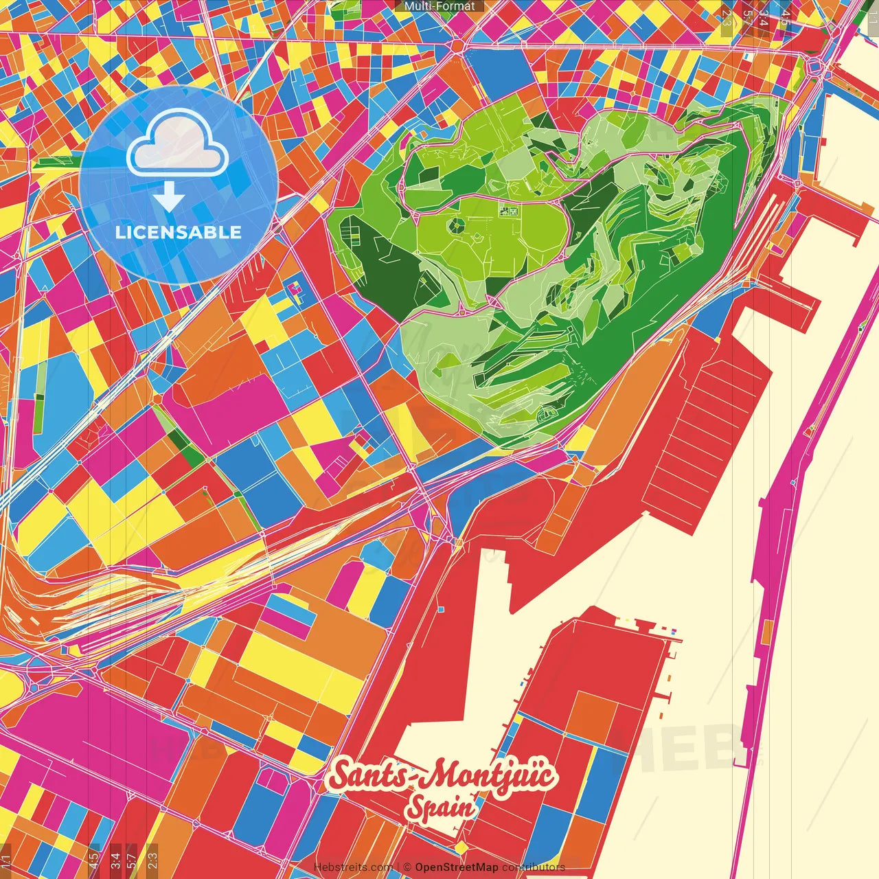 Sants-Montjuïc, Barcelona, Spain Crazy Colorful Street Map Poster Template