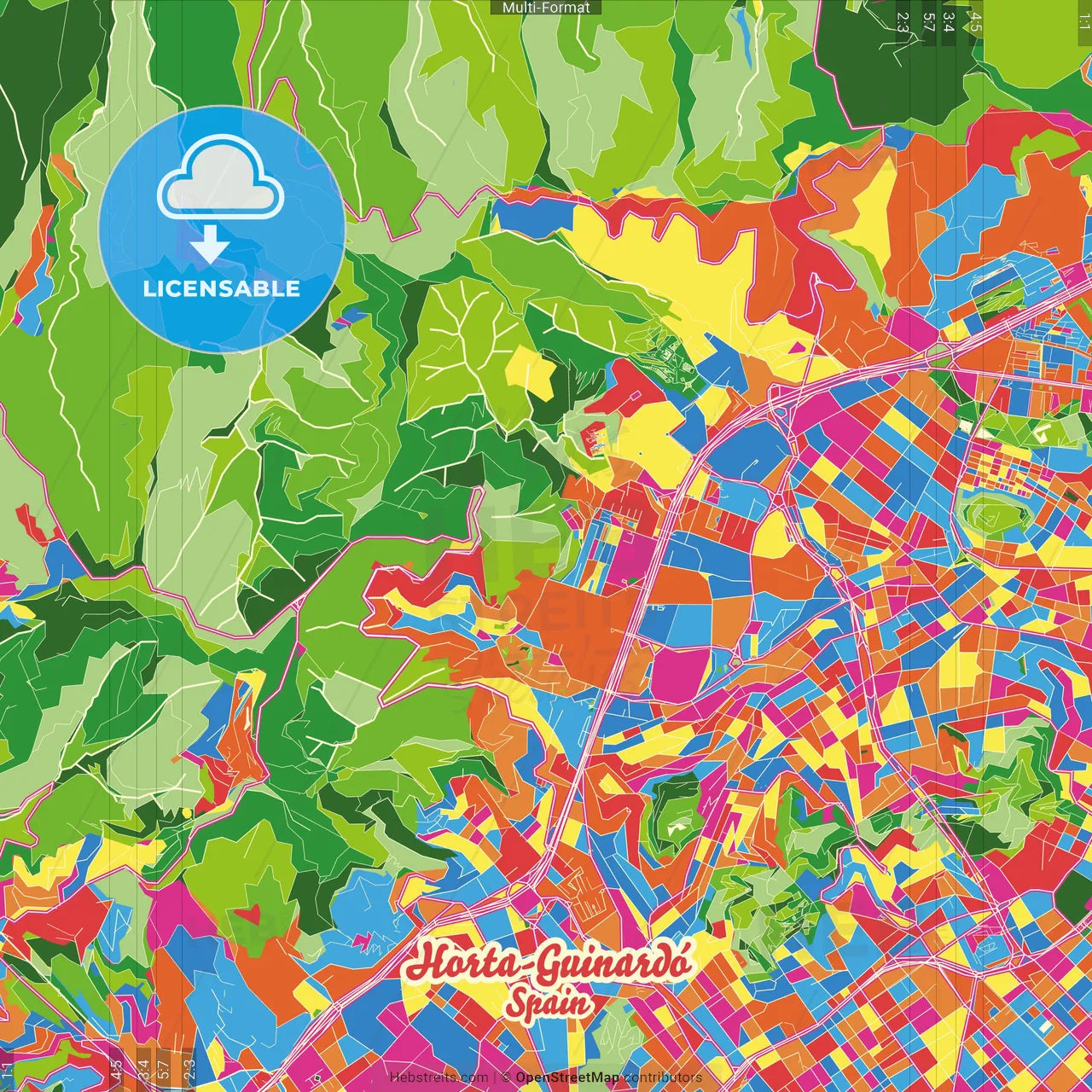 Horta-Guinardó, Barcelona, Spain Crazy Colorful Street Map Poster Template