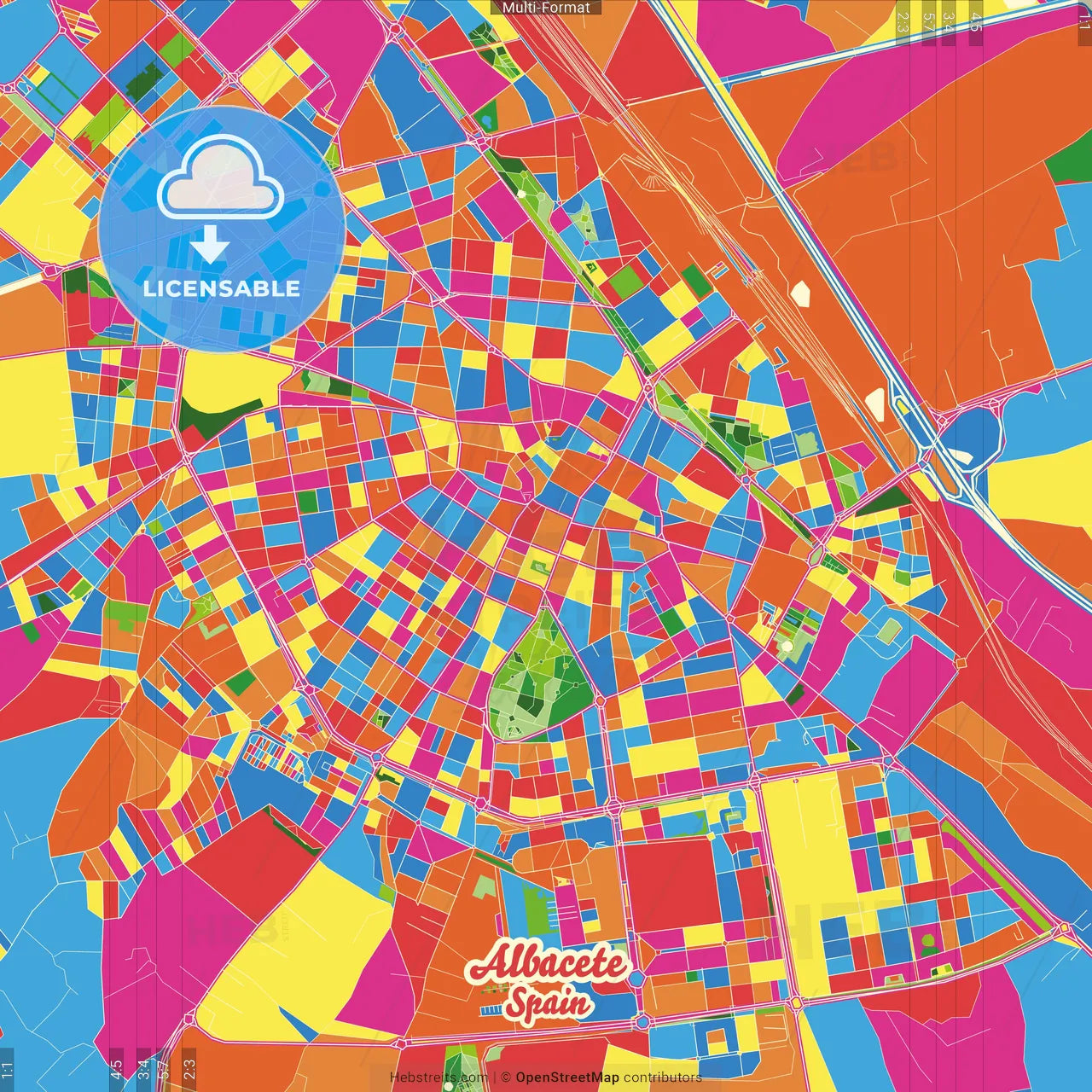 Albacete, Spain Crazy Colorful Street Map Poster Template