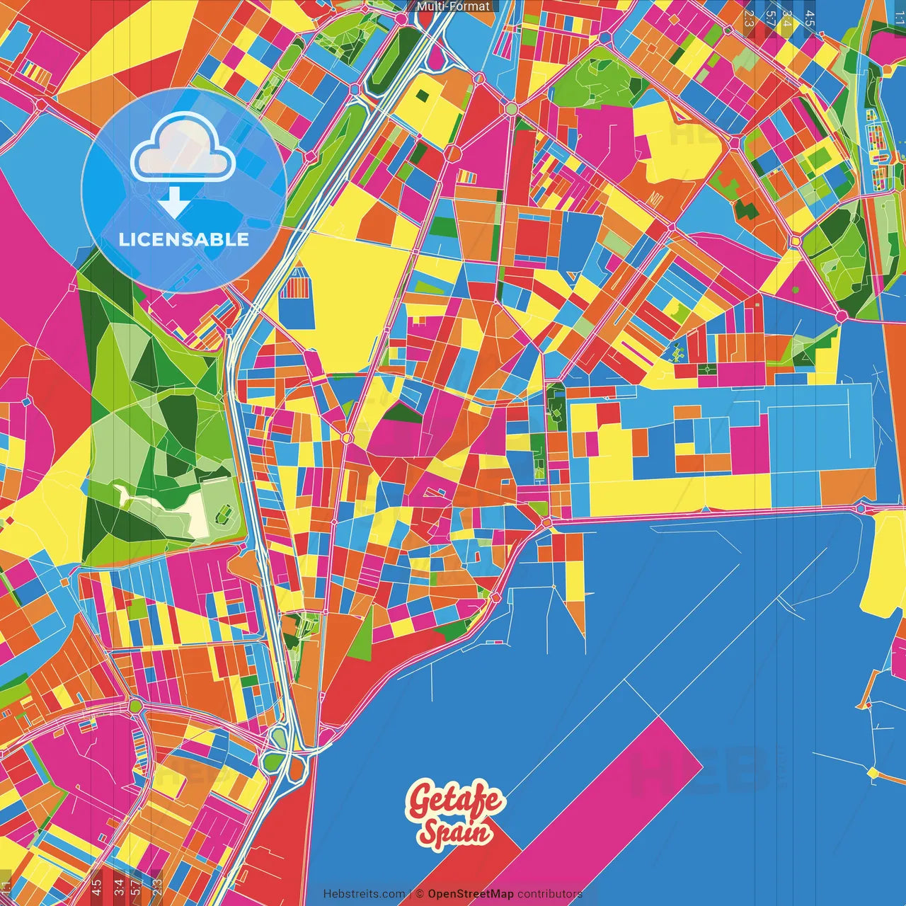 Getafe, Madrid, Spain Crazy Colorful Street Map Poster Template