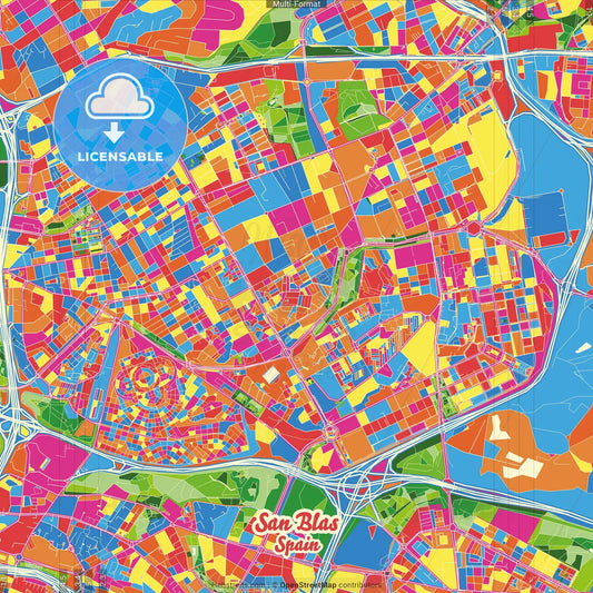 San Blas, Madrid, Spain Crazy Colorful Street Map Poster Template