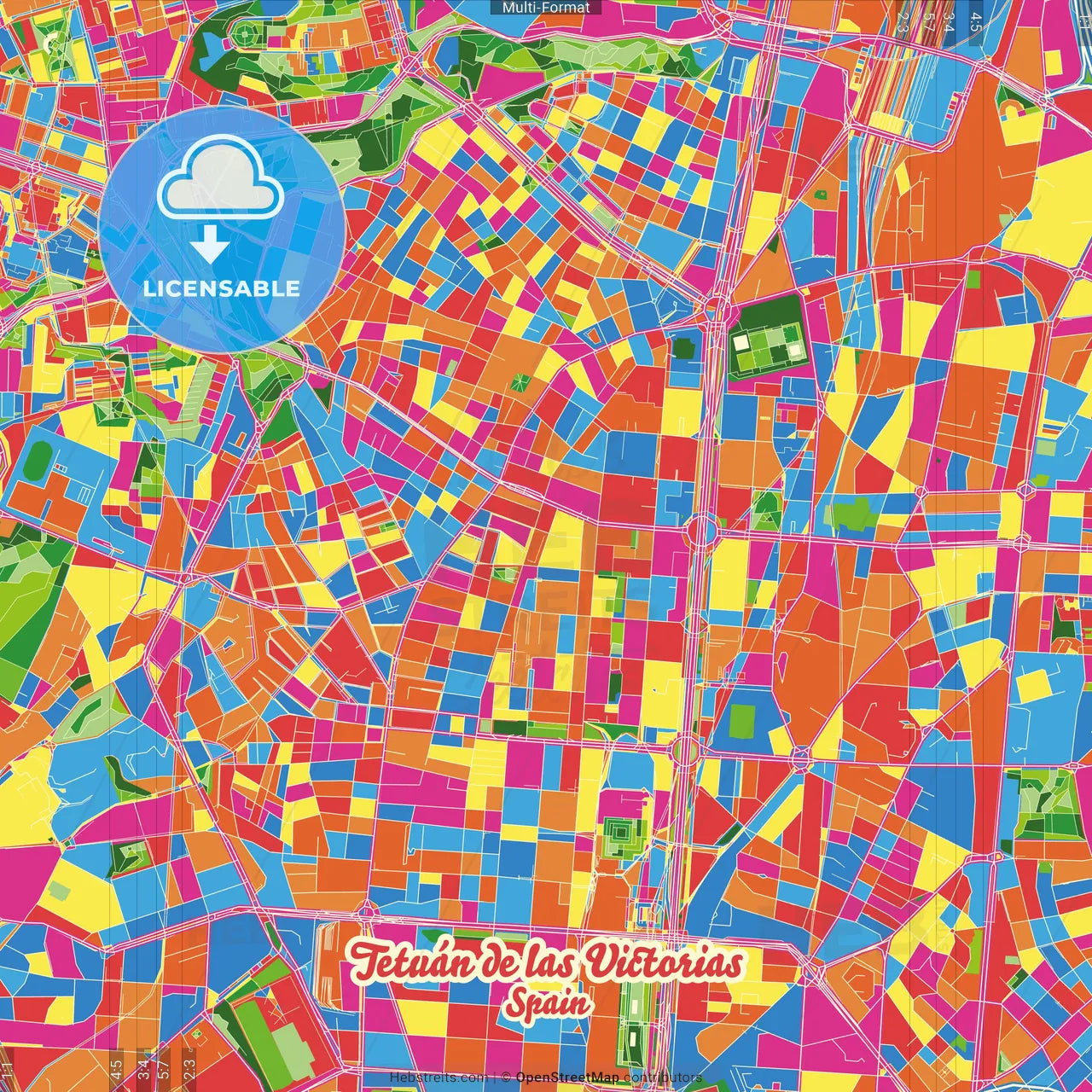 Tetuán de las Victorias, Madrid, Spain Crazy Colorful Street Map Poster Template