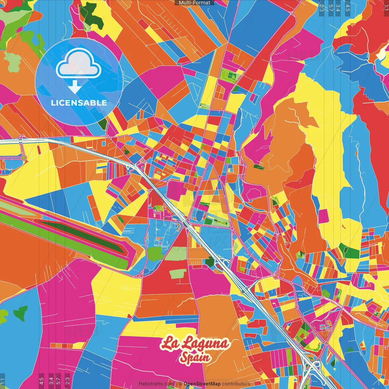 La Laguna, Santa Cruz de Tenerife, Spain Crazy Colorful Street Map Poster Template