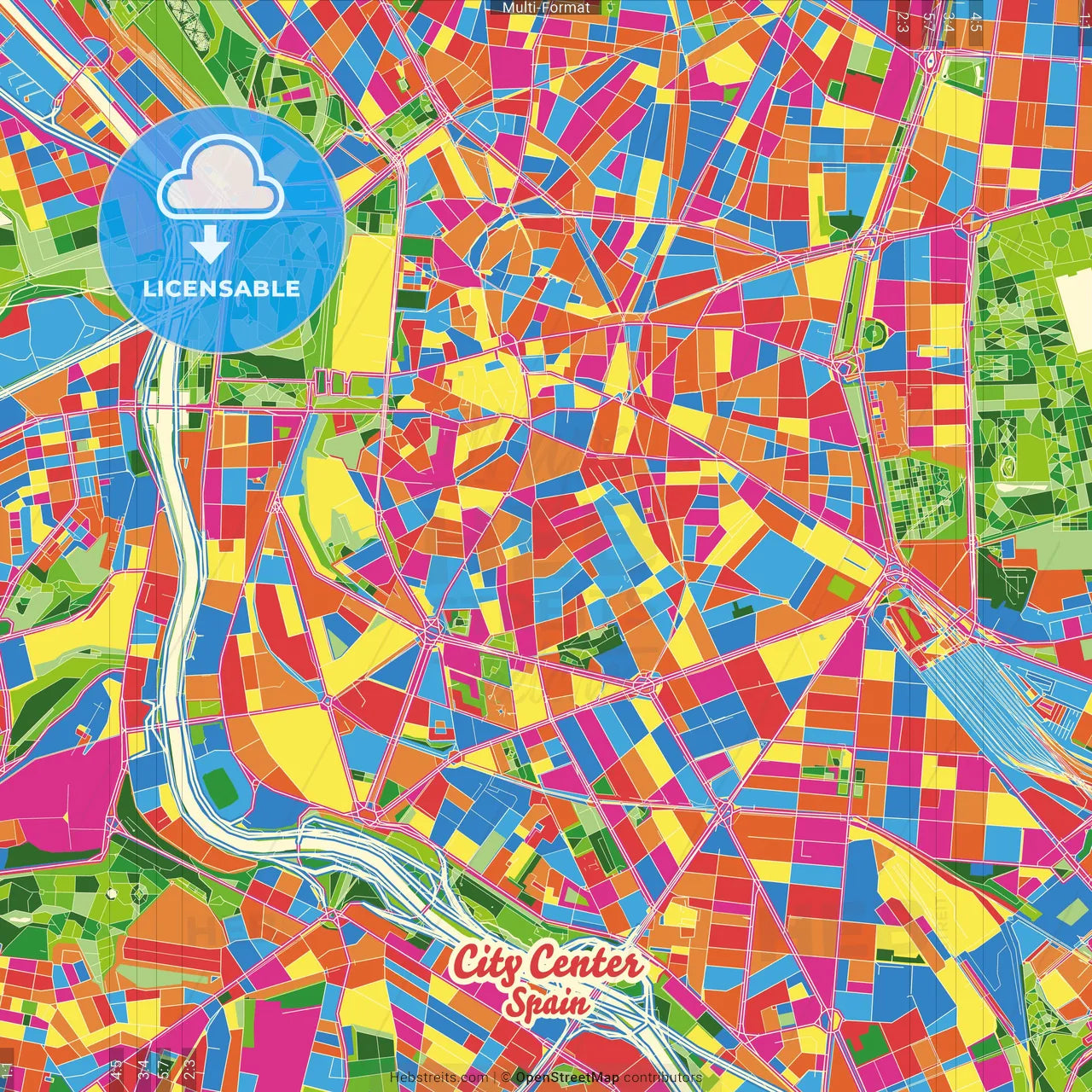 City Center, Madrid, Spain Crazy Colorful Street Map Poster Template