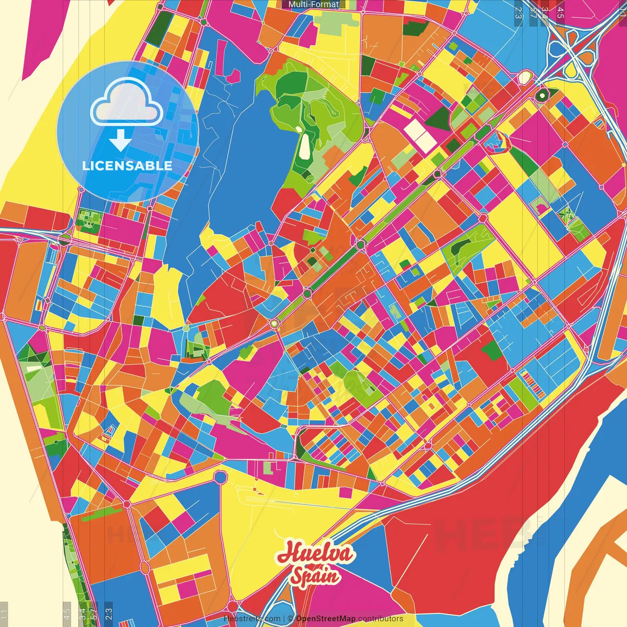 Huelva, Spain Crazy Colorful Street Map Poster Template