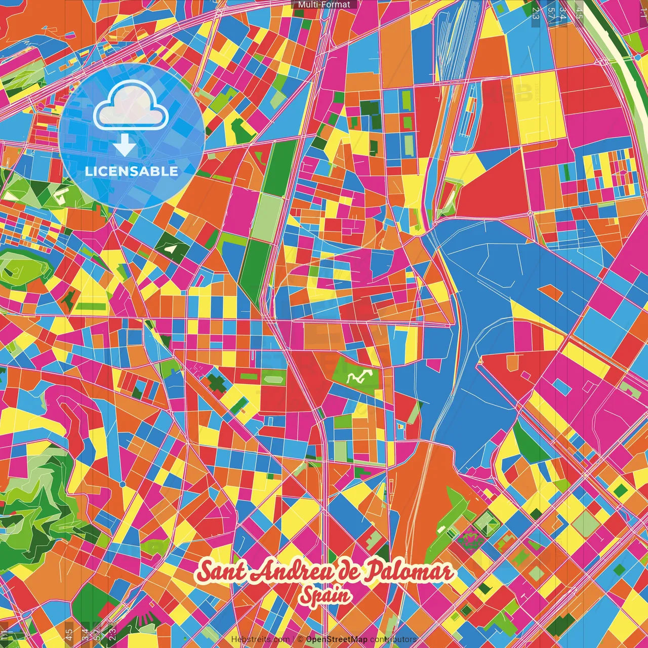 Sant Andreu de Palomar, Barcelona, Spain Crazy Colorful Street Map Poster Template