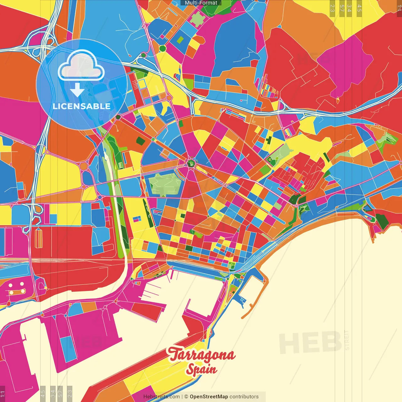 Tarragona, Spain Crazy Colorful Street Map Poster Template
