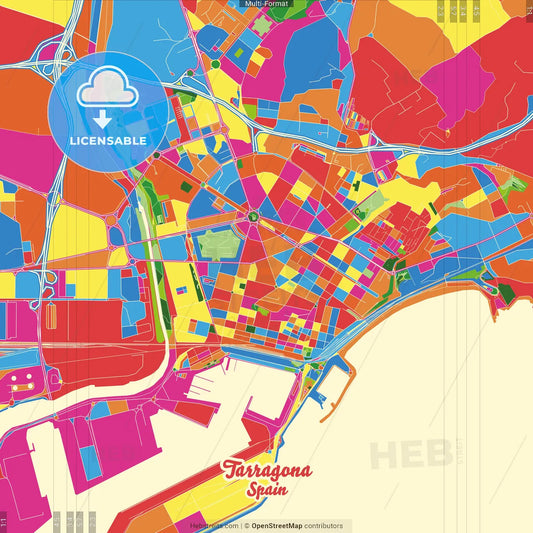 Tarragona, Spain Crazy Colorful Street Map Poster Template
