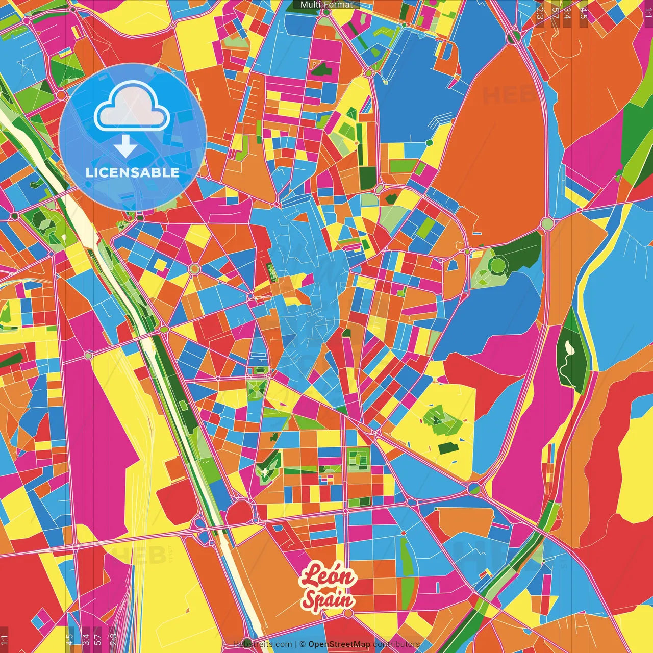 León, Spain Crazy Colorful Street Map Poster Template