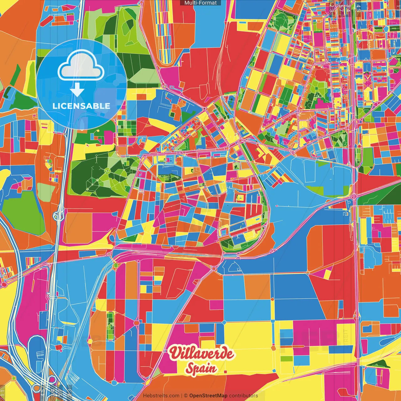 Villaverde, Madrid, Spain Crazy Colorful Street Map Poster Template